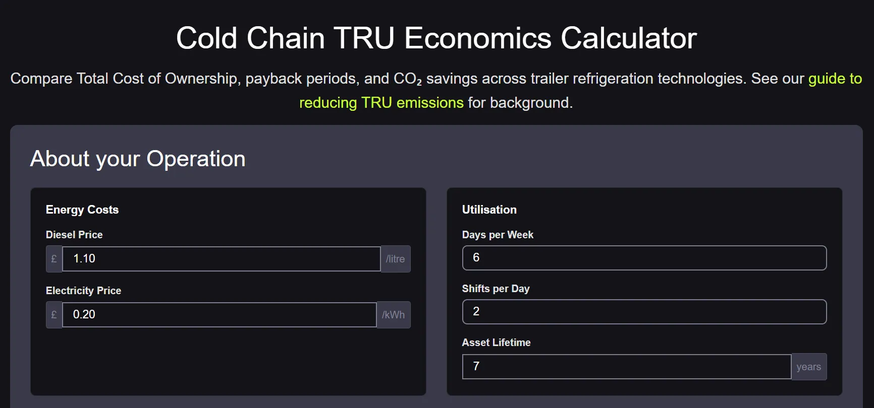 Cold Chain TRU Economics Calculator showing energy cost and utilisation inputs