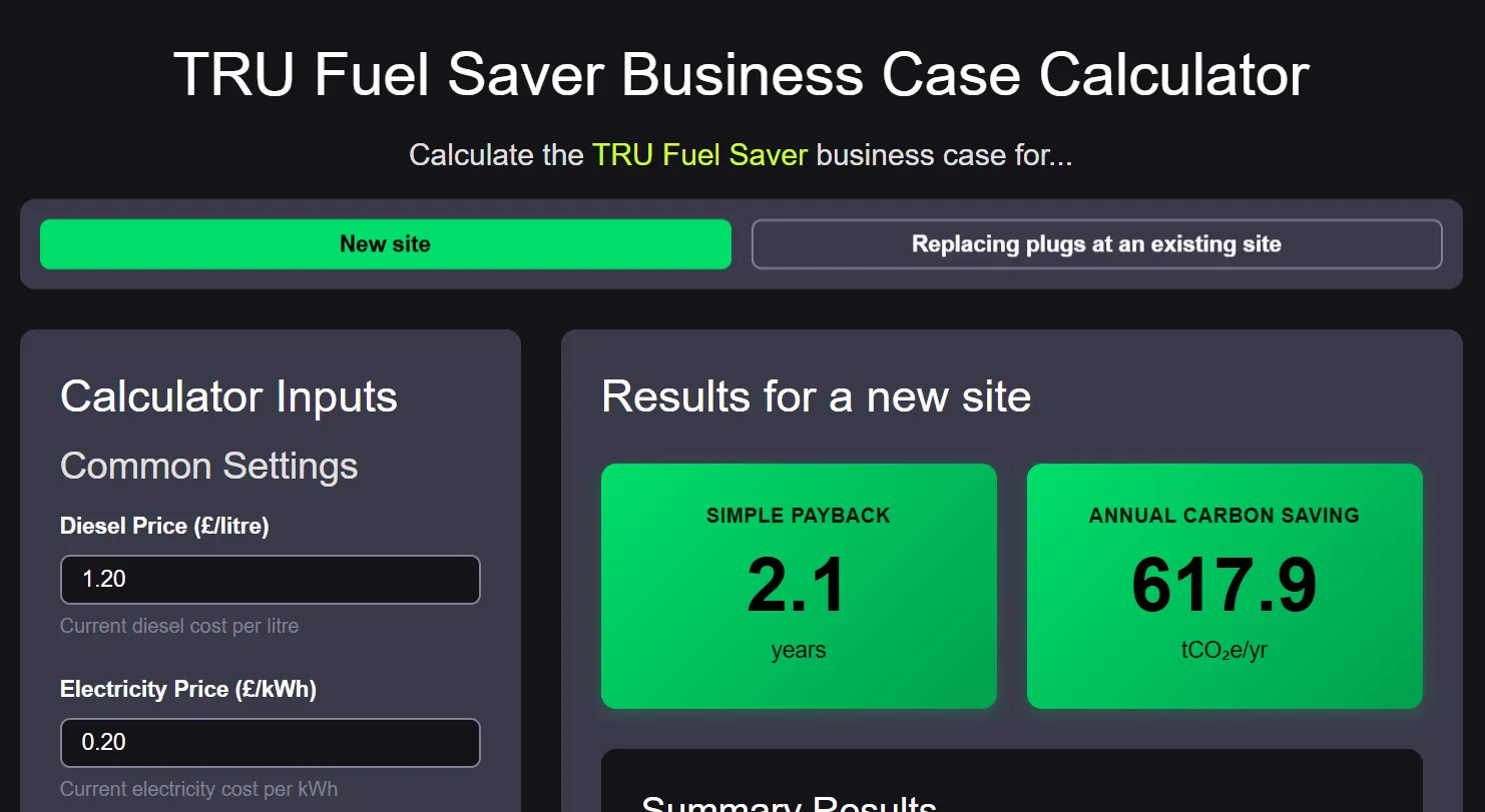 TRU Fuel Saver Business Case Calculator showing inputs and simple payback and carbon saving results