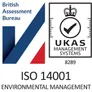 ISO 14001 certification mark: British Assessment Bureau, UKAS Management Systems 8289