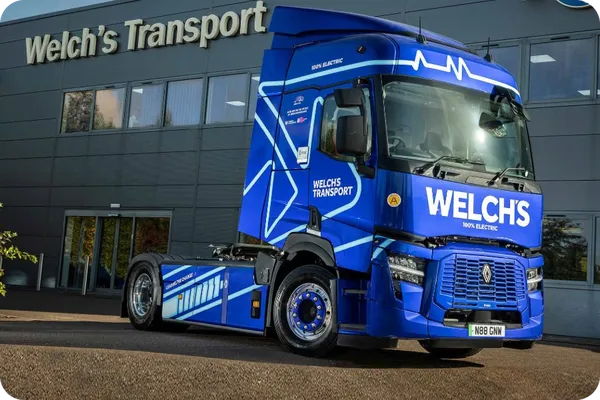 Welch's Transport 100% electric Renault truck outside the Welch's Transport depot